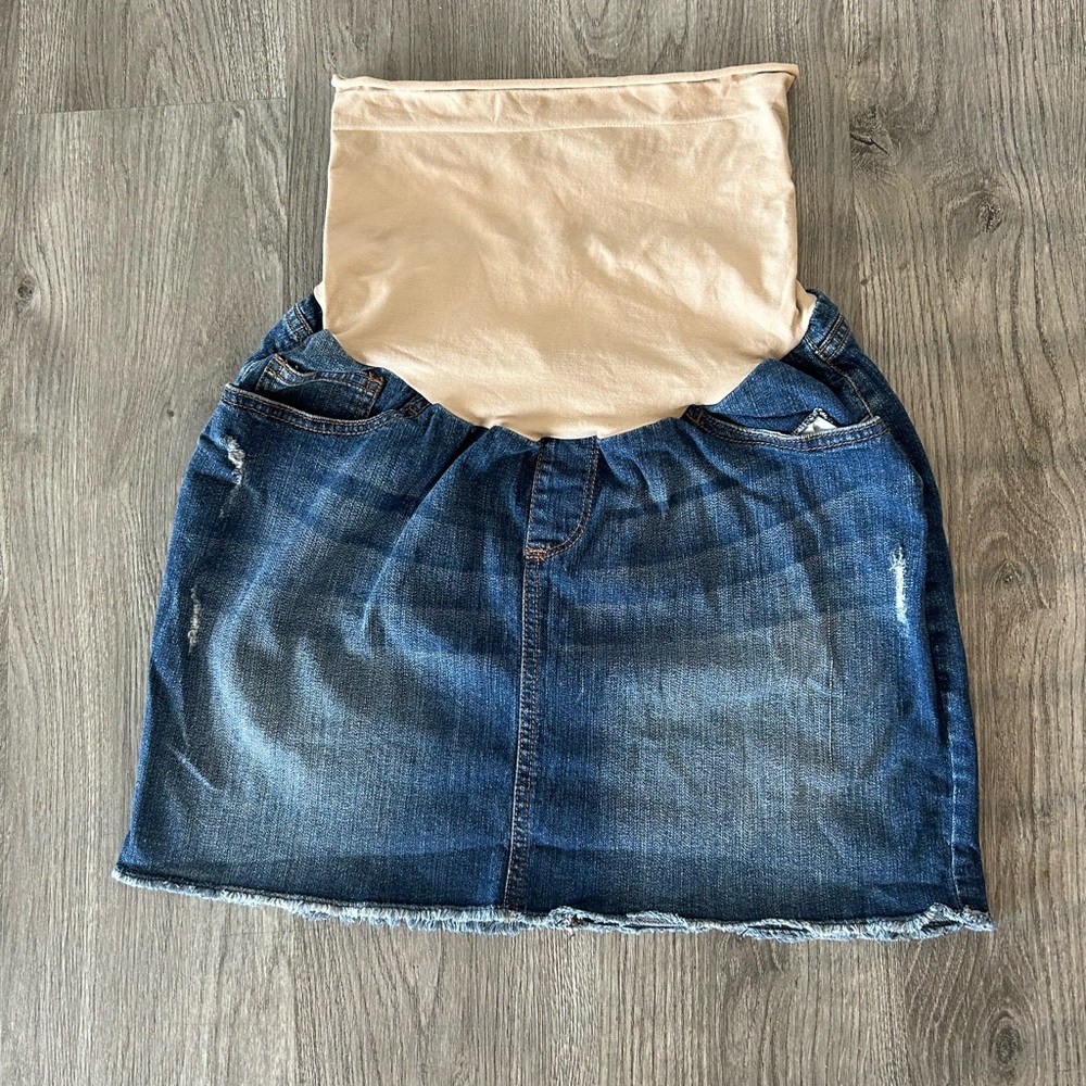 Indigo Blue M Denim Maternity Mini Skirt with Beige Stretch Waistband